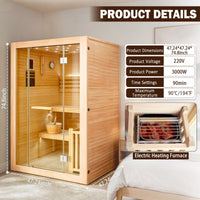 2-3 Person Traditional Steam Sauna, Flat Frame Home Sauna with 3000W, LED Lights, Speaker, Adjustable Temp, 10-Yr Warranty — product view 5