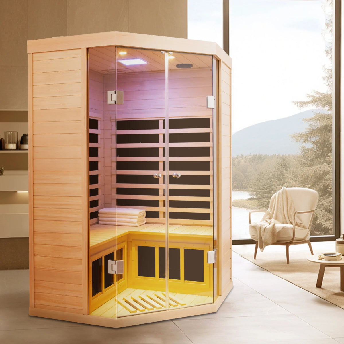 2-Person Corner Far Infrared Sauna Room - Hemlock Wood, Deluxe Transparent Glass Front, Large Capacity Home Sauna — product view 2