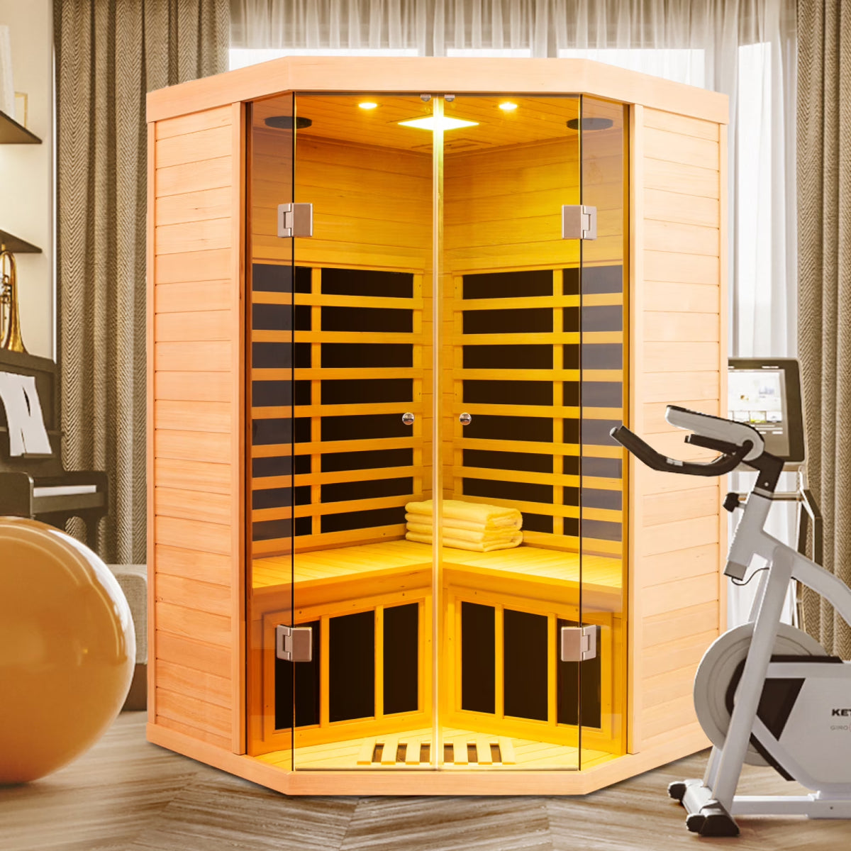 2-Person Corner Far Infrared Sauna Room - Hemlock Wood, Deluxe Transparent Glass Front, Large Capacity Home Sauna — product view 3