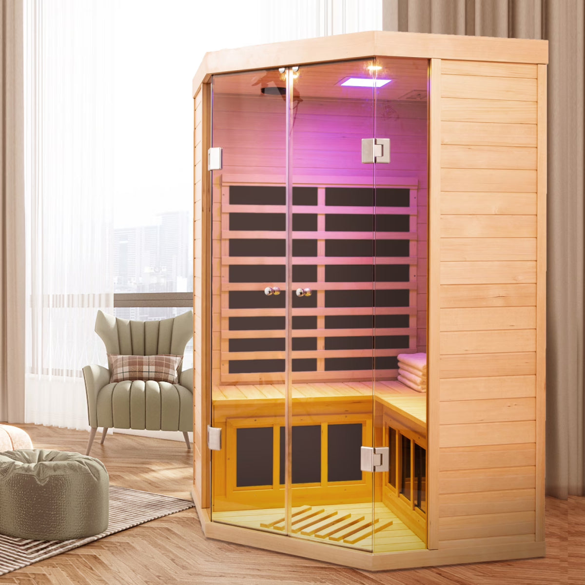 2-Person Corner Far Infrared Sauna Room - Hemlock Wood, Deluxe Transparent Glass Front, Large Capacity Home Sauna — product view 4