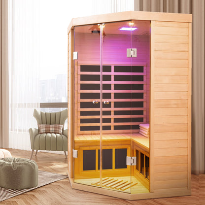 2-Person Corner Far Infrared Sauna Room - Hemlock Wood, Deluxe Transparent Glass Front, Large Capacity Home Sauna — product view 4